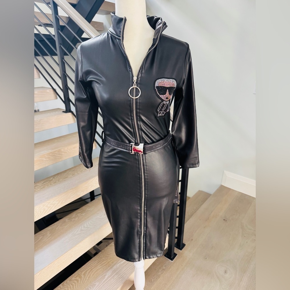 Karl Lagerfeld Black Faux Leather Zip-Front Long Sleeve Dress